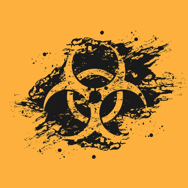 Black and orange grunge background of biological hazard. Biological hazard icon on black spots of black paint. — Stock Vector
