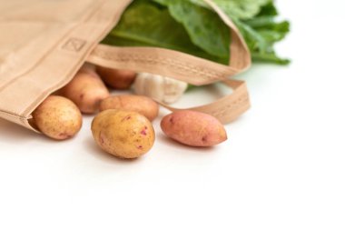 Sıfır atık kullanmak daha az plastik kavramı / Eko pamuk kumaş çanta ahşap masa - beyaz kadın üzerinde taze sebze organik pazar ücretsiz plastik alışveriş bez torba bez