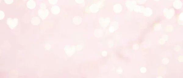 Abstrakt textur av bokeh ljus. Alla hjärtans dag bakgrund. Glittrande ljus bakgrund. Abstrakt Valentine Bakgrund med glödande hjärtan. Kärlekskoncept. Bred vinkel format banner. — Stockfoto