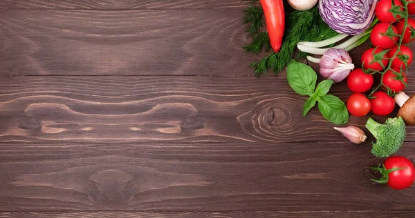 Various healthy products on wooden background with space for text. Banner of Healthy food. Organic food for healthy nutrition. Long banner format. — Stock Image Various healthy products on wooden background with space for text. Banner of Healthy food. Organic food for healthy nutrition. Long banner format. Stock Picture