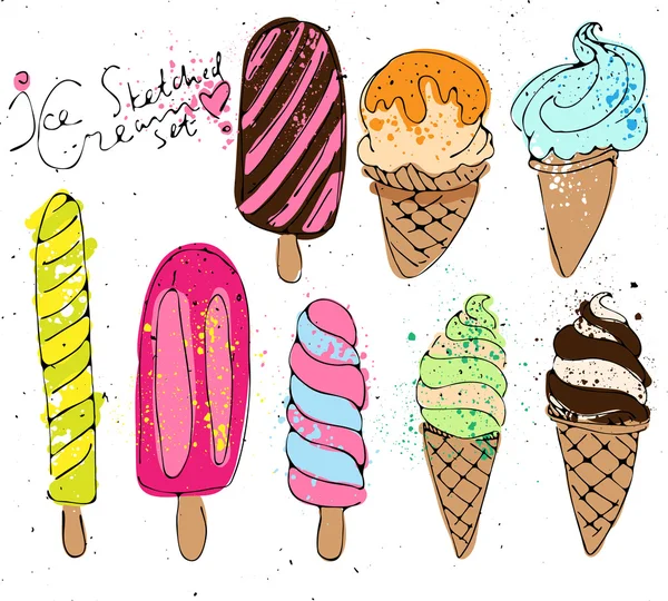 손 집합 색된 아이스크림 그림 그리기 — 스톡 벡터