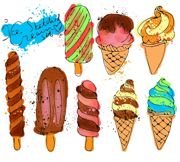 손 집합 색된 수채화 아이스크림 그림 그리기 — 스톡 벡터