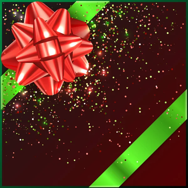 Kırmızı ve yeşil Noel yay hediye kutusu üzerine konfeti ile — Stok Vektör