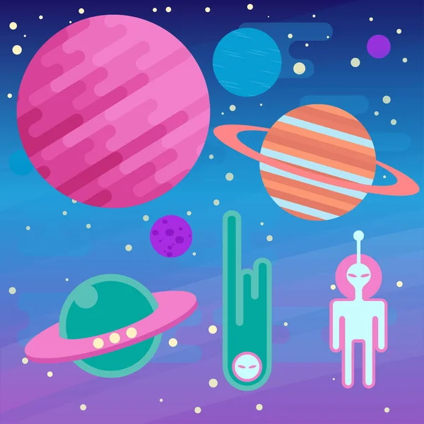 Conjunto de cosmos planos y elementos ovni con planeta y alienígena — Vector de stock