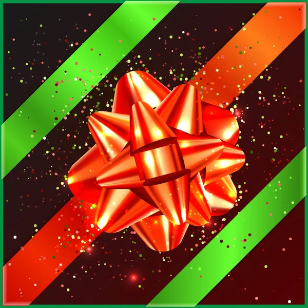 Röd jul båge med gröna band och konfetti på presentbox — Stock vektor