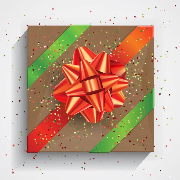 Kırmızı yay ile kahverengi buruşuk kağıt üzerine sarılmış hediye kutusu — Stok Vektör