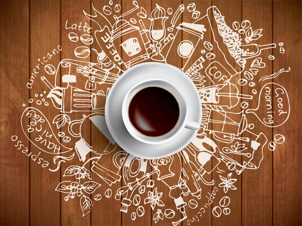 Café du matin concept doodle sur fond en bois — Image vectorielle