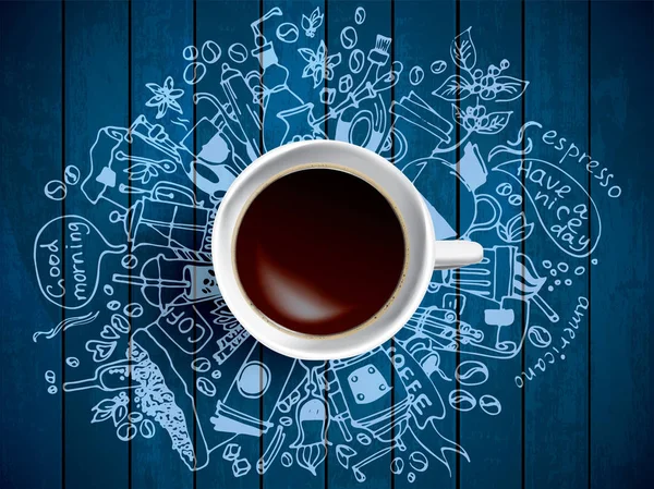 Sabah kahve kavramı ahşap arka plan üzerinde doodle — Stok Vektör