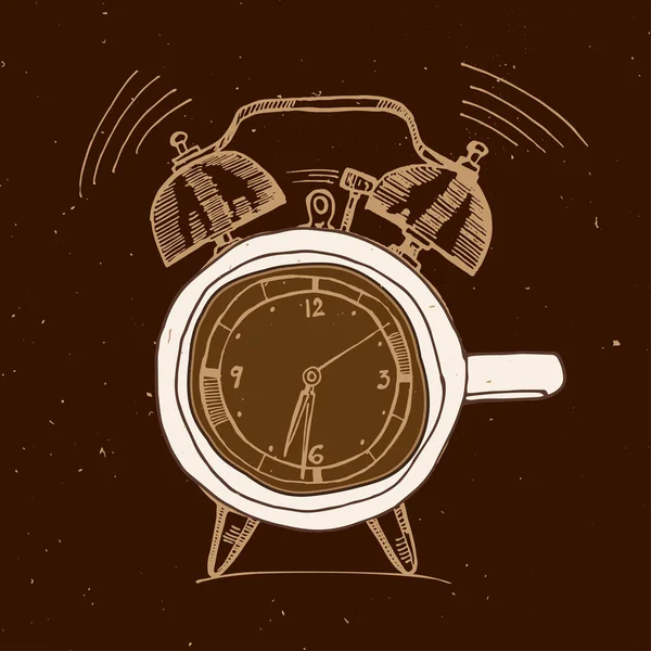 Reloj despertador y café doodle concepto ilustración — Vector de stock