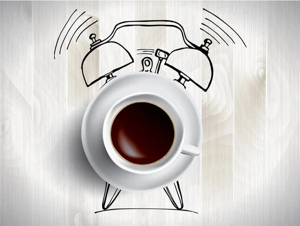 Relógio despertador e café conceito ilustração com doodle — Vetor de Stock