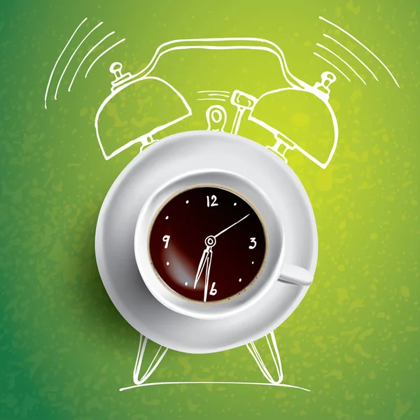 Reloj despertador e ilustración del concepto de café con garabato — Vector de stock