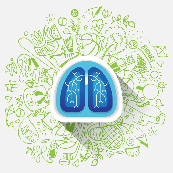 Ilustración de pulmones - bosquejo de cuidado de la salud con iconos deportivos y pulmón — Vector de stock