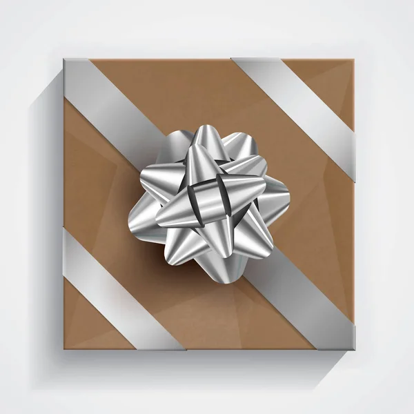 Brun present box - silver jul och födelsedag båge — Stock vektor