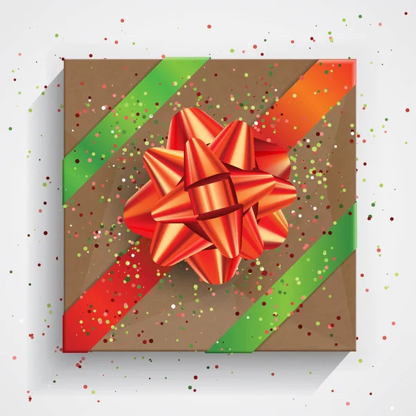 Coffret cadeau enveloppé sur du papier brun ridé avec arc rouge — Image vectorielle
