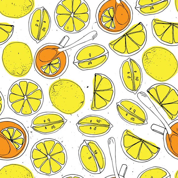 Gul citron, te i kopp med sked - hand Rita sömlösa mönster med lätt konsistens — Stock vektor