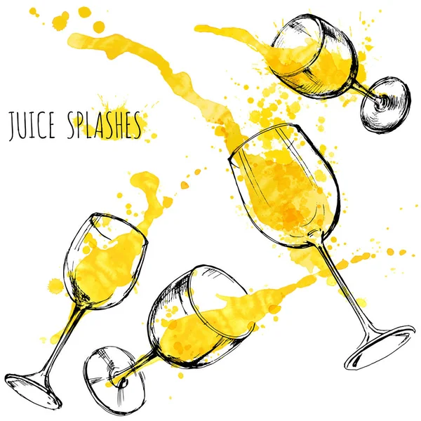 Zumo naranja y salpicaduras de manzana en copas de vino, acuarela, dibujo vector ilustración — Vector de stock
