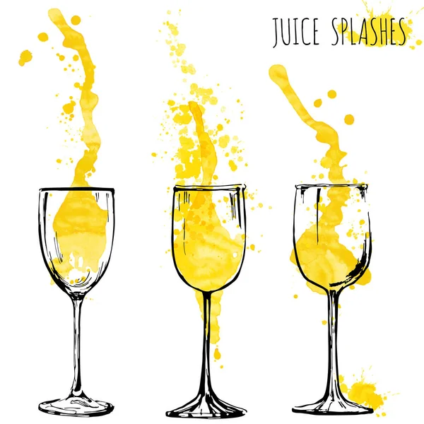 Juice orange and apple splashes in wine glasses, watercolor, sketch vector illustration Stock Illustration