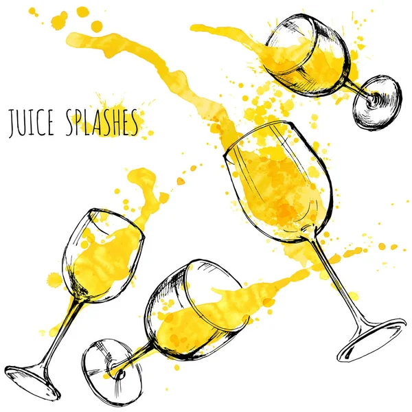 Juice orange and apple splashes in wine glasses, watercolor, sketch vector illustration Vector Graphics