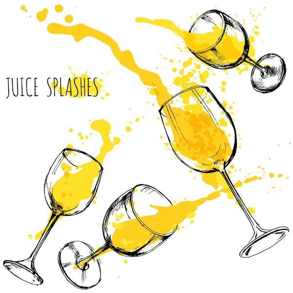 Juice orange and apple splashes in wine glasses, watercolor, sketch vector illustration Royalty Free Stock Vectors