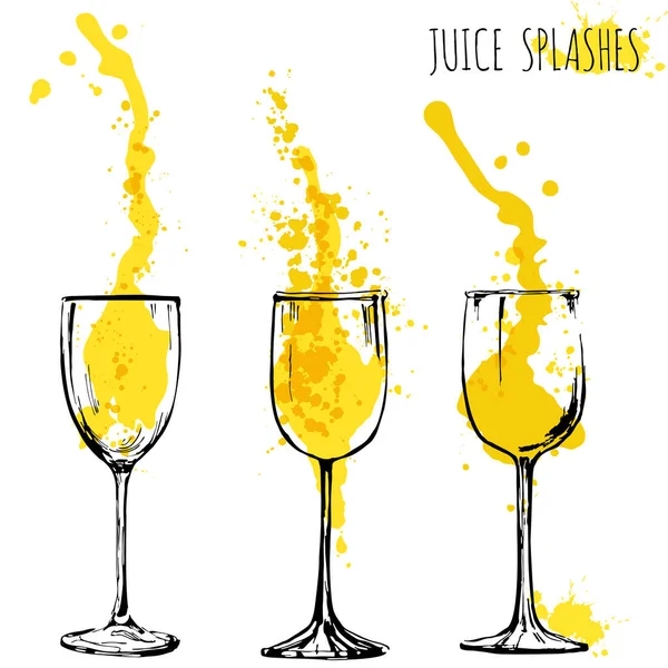 Juice orange and apple splashes in wine glasses, watercolor, sketch vector illustration Stock Illustration