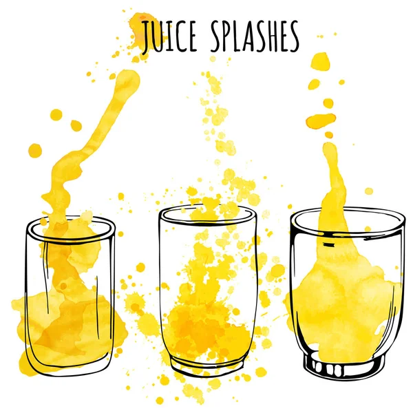 Salpicaduras de jugo en vasos, ilustración de dibujo a mano — Archivo Imágenes Vectoriales