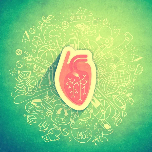 Teksturowane koncepcja ludzkiego serca o zdrowy tryb życia i długowieczności z naszkicowanych elementów — Zdjęcie stockowe