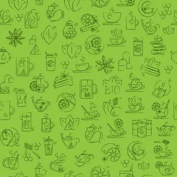 Čaj bezešvé pozadí s ikonami tenká čára - vzor zelený čaj — Stockový vektor