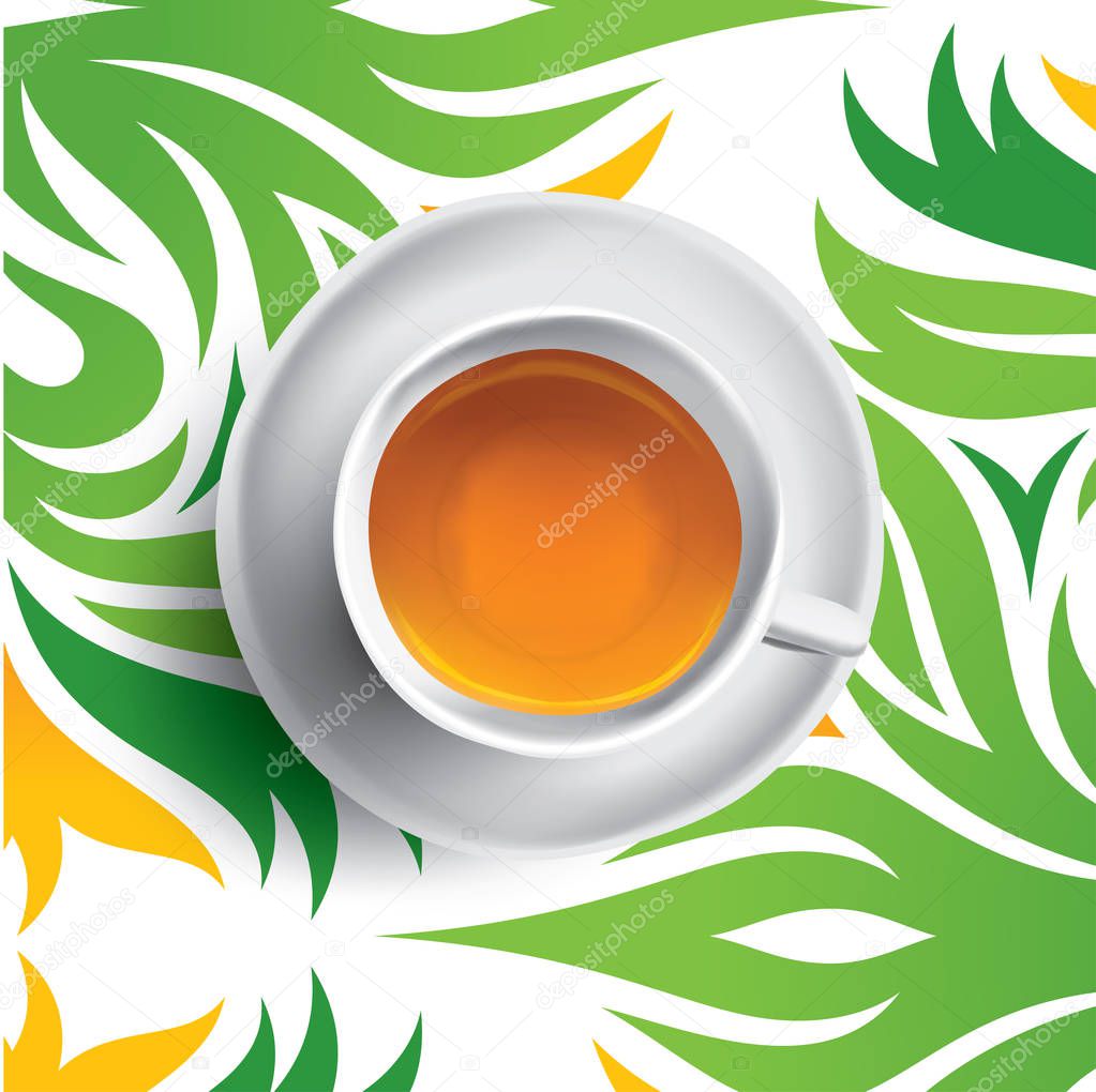 Black tea cup vector illustration. Tea on floral green and yellow background