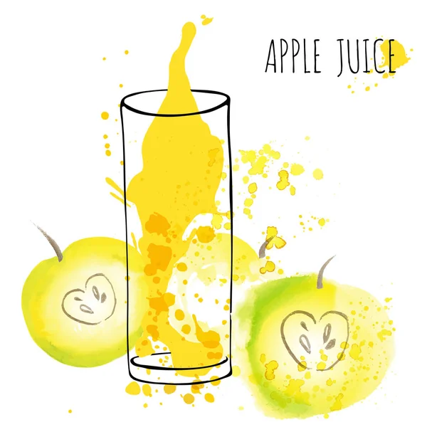 Apple juice úvodní vektorové akvarel ilustrace. Apple s úvodní a sklo izolovaných na bílém pozadí. Apple nápoj toku s ovocem a čerstvou šplouchání. — Stockový vektor