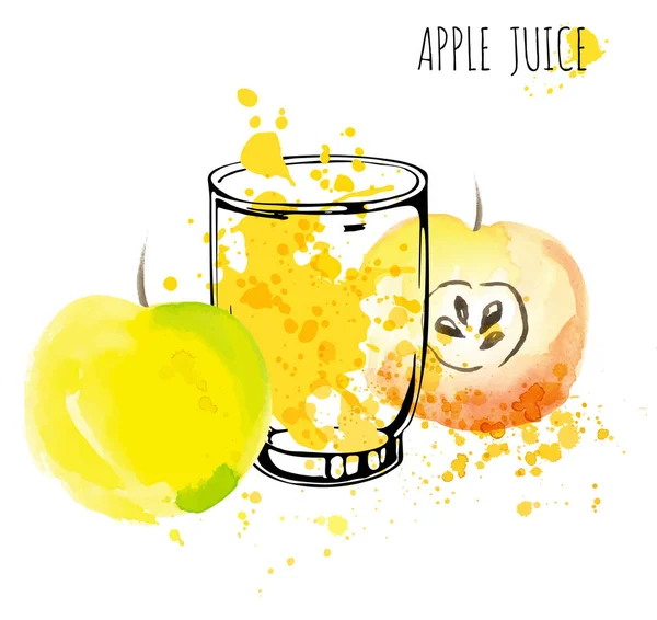 Apple juice splash vektor akvarell illustration. Äpple med stänk och glas isolerade på vit bakgrund. Apple drink flöde med frukter och färska stänk. — Stock vektor