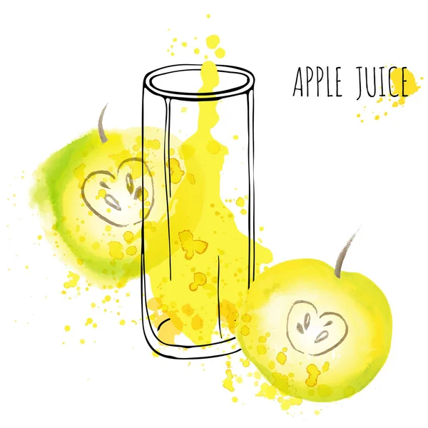 Apfelsaft Spritzer Vektor Aquarell Illustration. Apfel mit Spritzer und Glas isoliert auf weißem Hintergrund. Apfel-Drink-Flow mit Früchten und frischen Spritzern. — Stockvektor