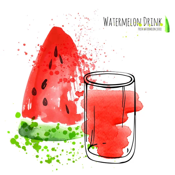 Vattenmelon dryck med skiva vattenmelon. Färsk juice i glas med vattenmelon fred. Akvarell hand Rita konstverk. — Stock vektor