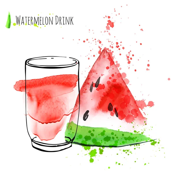 Vattenmelon dryck med skiva vattenmelon. Färsk juice i glas med vattenmelon fred. Akvarell hand Rita konstverk. — Stock vektor