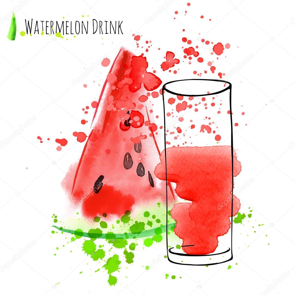 Watermelon drink with slice of watermelon. Fresh juice in glass with watermelon peace. Watercolor hand draw art work.