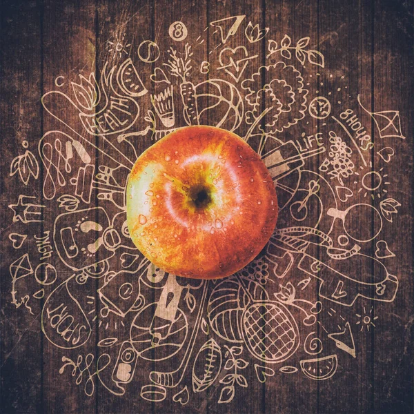 Egészséges életmód fogalma, az apple és a doodles — Stock Fotó