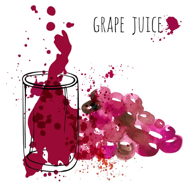 ガラスとブドウのベクトル図にグレープ ジュース。ブドウの飲み物や新鮮なジュースの水彩スケッチ。手描きガラスと健康葡萄を飲む. — ストックベクタ