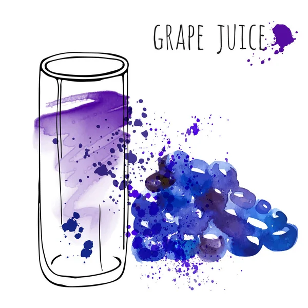 Druivensap in glas en grapevine vectorillustratie. Aquarel schets over druiven drankje en vers sap. Hand loting glas en gezondheid druiven drinken. — Stockvector