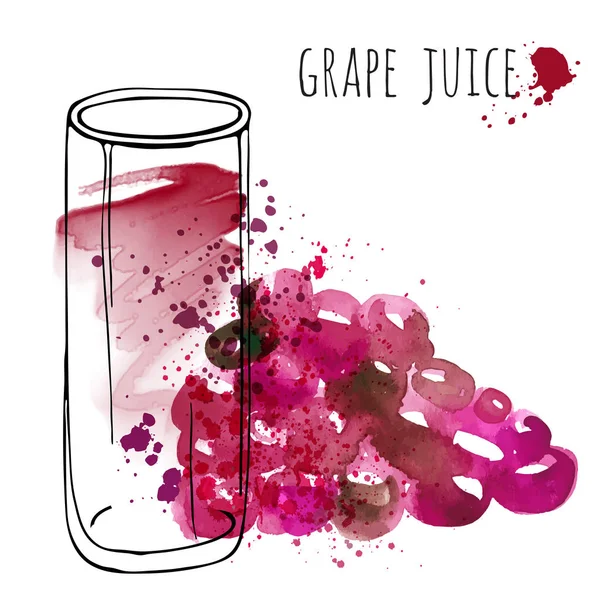Jus de raisin en verre et illustration vectorielle de vigne. Croquis aquarelle sur la boisson de raisin et le jus frais. Dessiner à la main verre et santé raisin boisson . — Image vectorielle