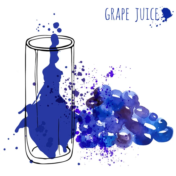Druivensap in glas en grapevine vectorillustratie. Aquarel schets over druiven drankje en vers sap. Hand loting glas en gezondheid druiven drinken. — Stockvector
