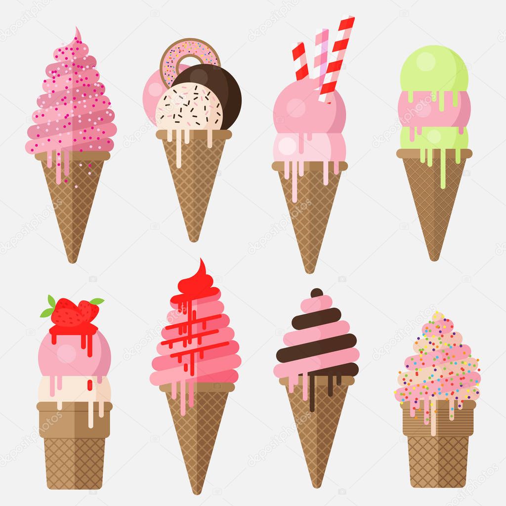 Strawberry ice cream cone collection. Vector flat illustration about strawberry ice cream. Cone, flake and scoops of strawberry ice cream. Strawberry Ice cream.