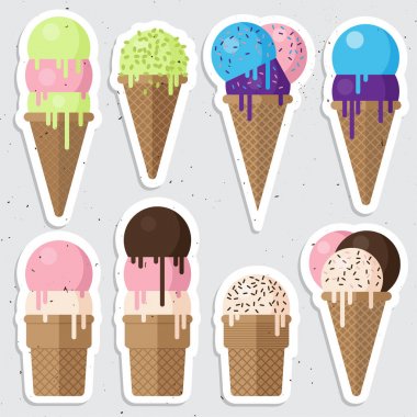 Set of Ice cream cone vector stickers. Ice cream flat illustration clipart
