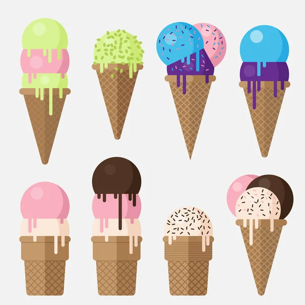 Aantal platte vectorillustratie ijs kegel. Stroberry ice cream, chocolade en vanila kegels. Blueberry, pistache ijs sundae. — Stockvector