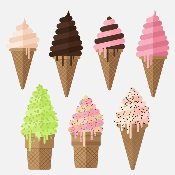 Conjunto de helado en escamas de cono. Ilustración plana del vector . — Archivo Imágenes Vectoriales