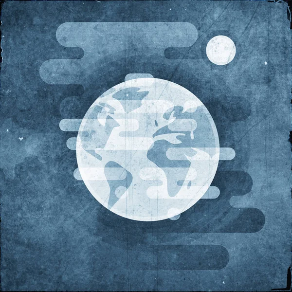 Earth with moon icon - flat textured illustration, space retro elements