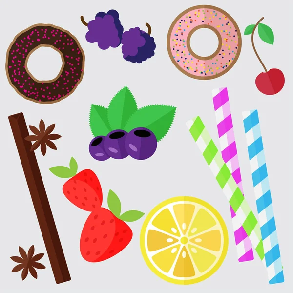 Uppsättning av sötsaker, platt illustration. Donut, bär och citron isolerade vector-element — Stock vektor