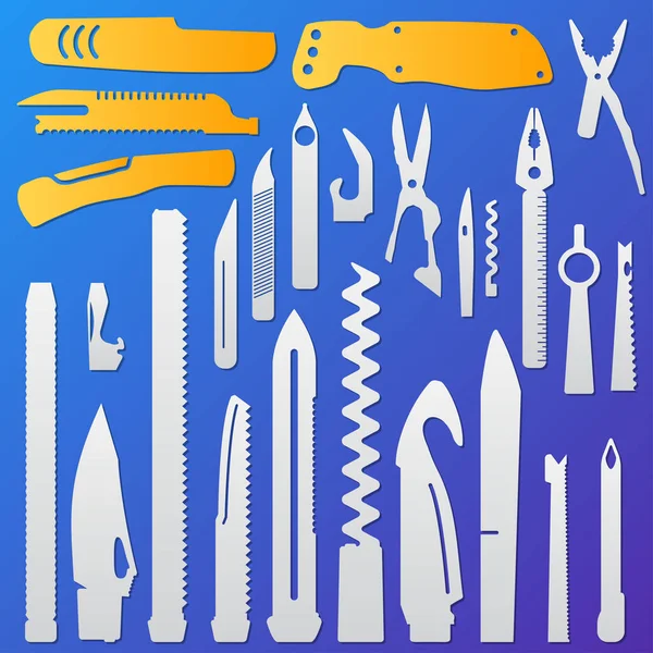 Ensemble d'éléments de couteau multifonctions, couteau de poche, couteau suisse, couteau à plume polyvalent, collection de couteaux de l'armée — Image vectorielle