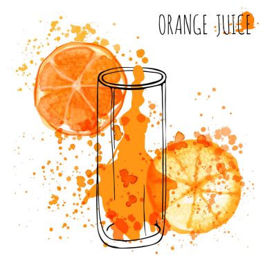 Portakal suyu sıçrama, vektör ele suluboya resim çekin. Portakal suyu ile su sıçramalarına kabataslak cam