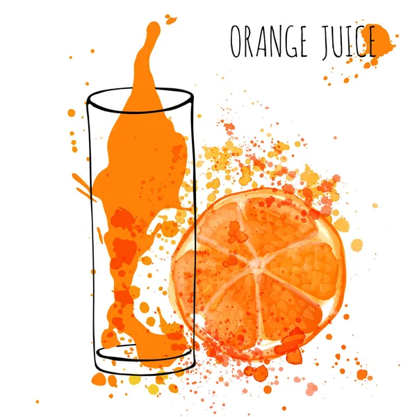 Zumo de naranja Splash, vector mano dibujar ilustración acuarela. Zumo de naranja en vidrio esbozado con salpicaduras — Archivo Imágenes Vectoriales