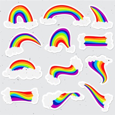 Şirin gökkuşağı etiket vektör kümesi. Gökkuşağı çizgi film etiketi illüstrasyon gökyüzünde bulutlar ile. El çizmek şirin gökkuşağı ve bulut çıkartma