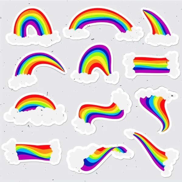 Cute rainbow sticker vector set. Rainbow cartoon sticker illustration with clouds in sky. Hand draw cute rainbow and cloud stickers — Stock Vector